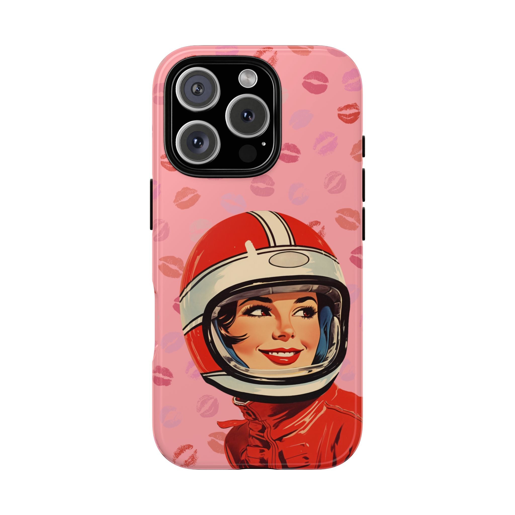Retro Racer Kiss iPhone Case | Vintage Helmet Girl on Pink with Lipstick Kiss Pattern