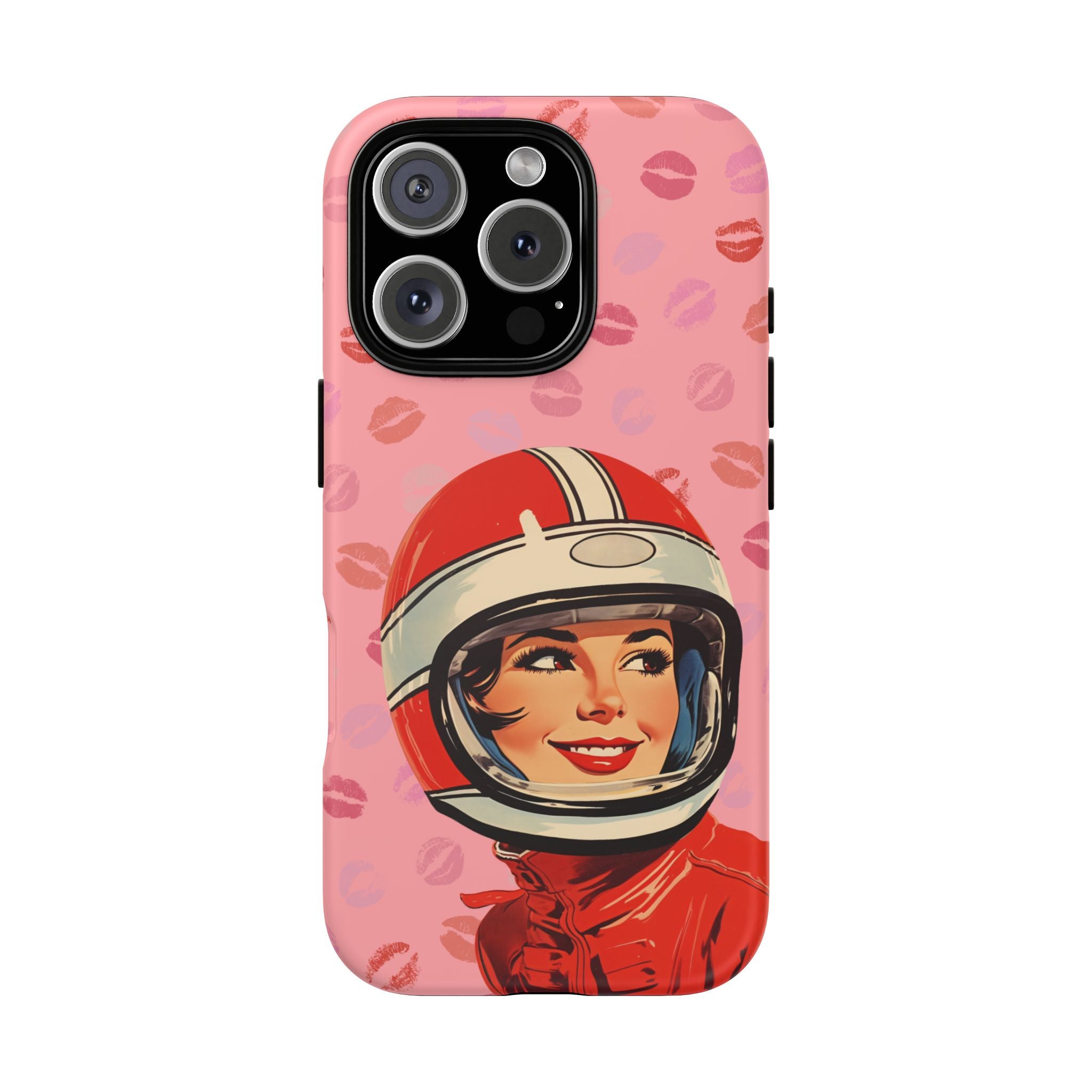 Retro Racer Kiss iPhone Case | Vintage Helmet Girl on Pink with Lipstick Kiss Pattern