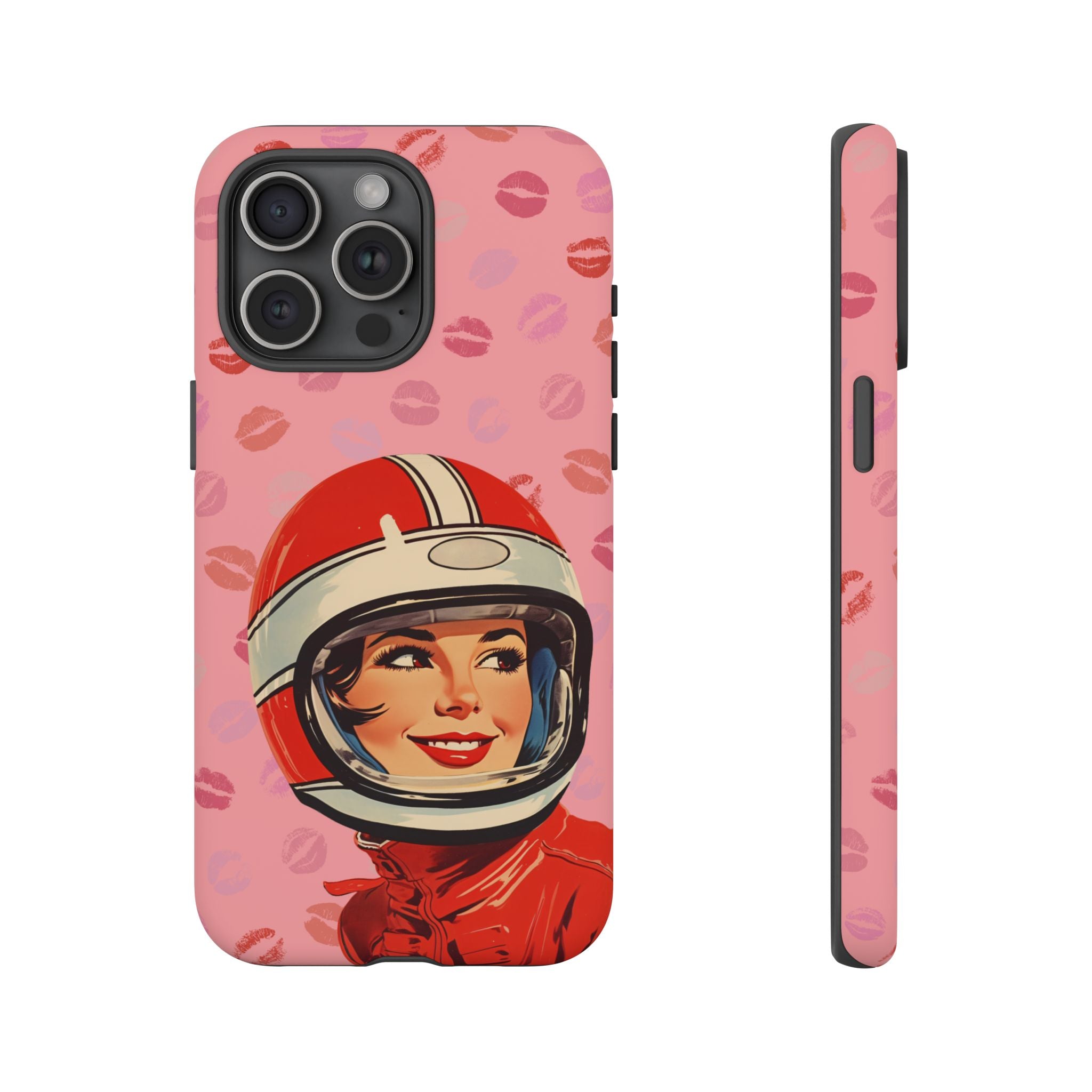 Retro Racer Kiss iPhone Case | Vintage Helmet Girl on Pink with Lipstick Kiss Pattern