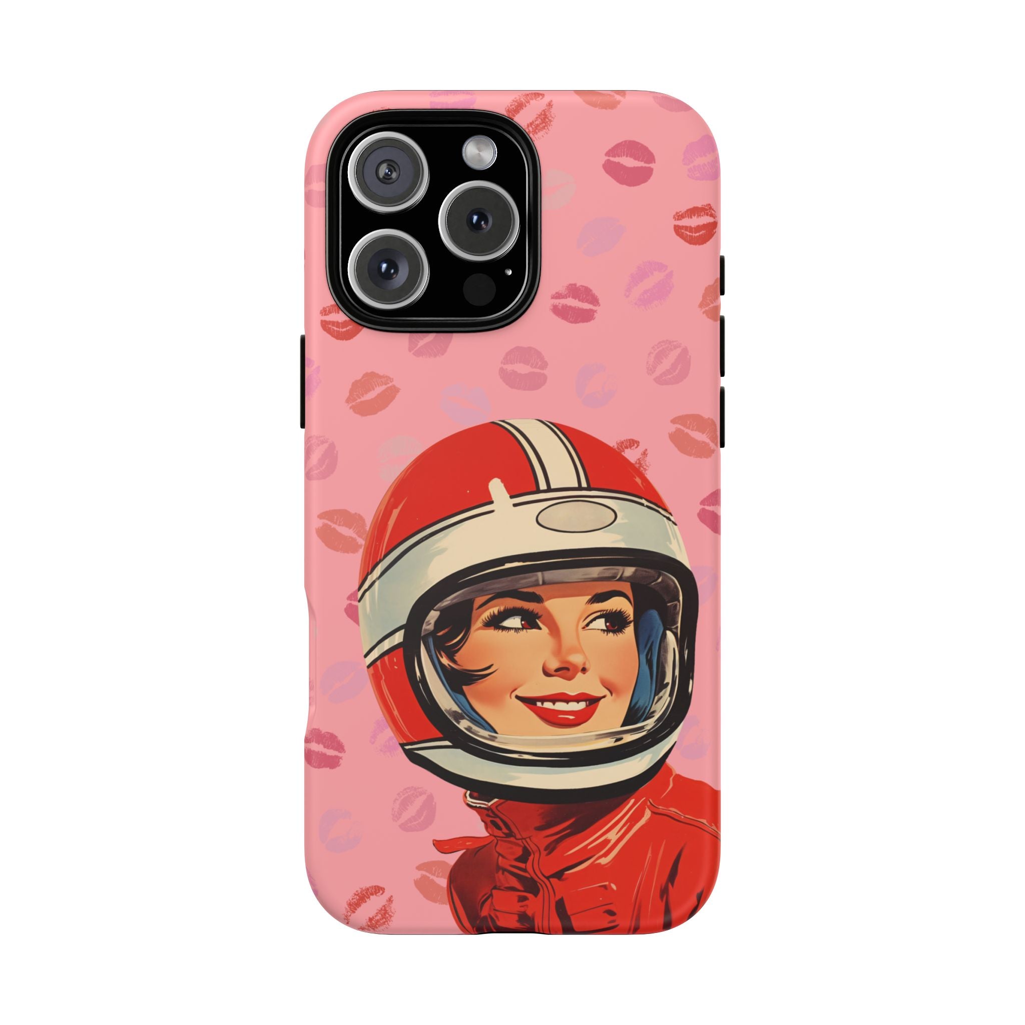 Retro Racer Kiss iPhone Case | Vintage Helmet Girl on Pink with Lipstick Kiss Pattern