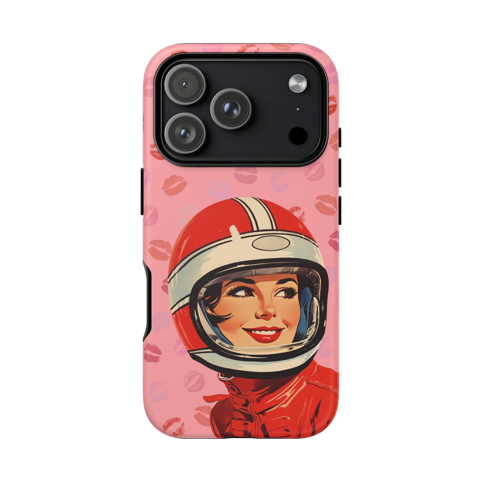 Retro Racer Kiss iPhone Case | Vintage Helmet Girl on Pink with Lipstick Kiss Pattern