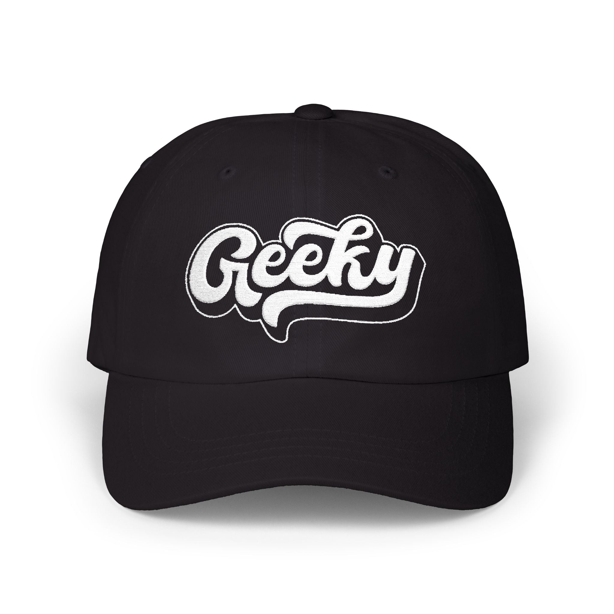 "Geeky" Embroidered Baseball Cap | White Thread Dad Cap