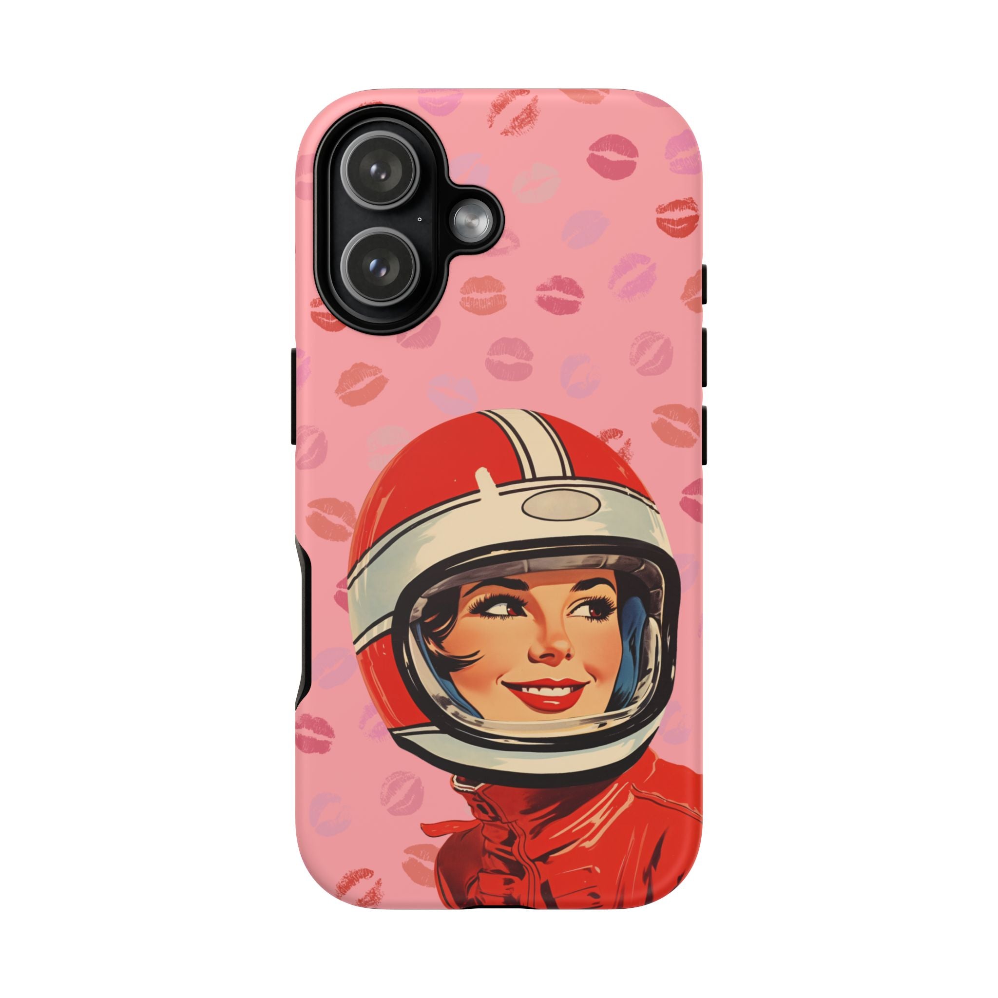 Retro Racer Kiss iPhone Case | Vintage Helmet Girl on Pink with Lipstick Kiss Pattern
