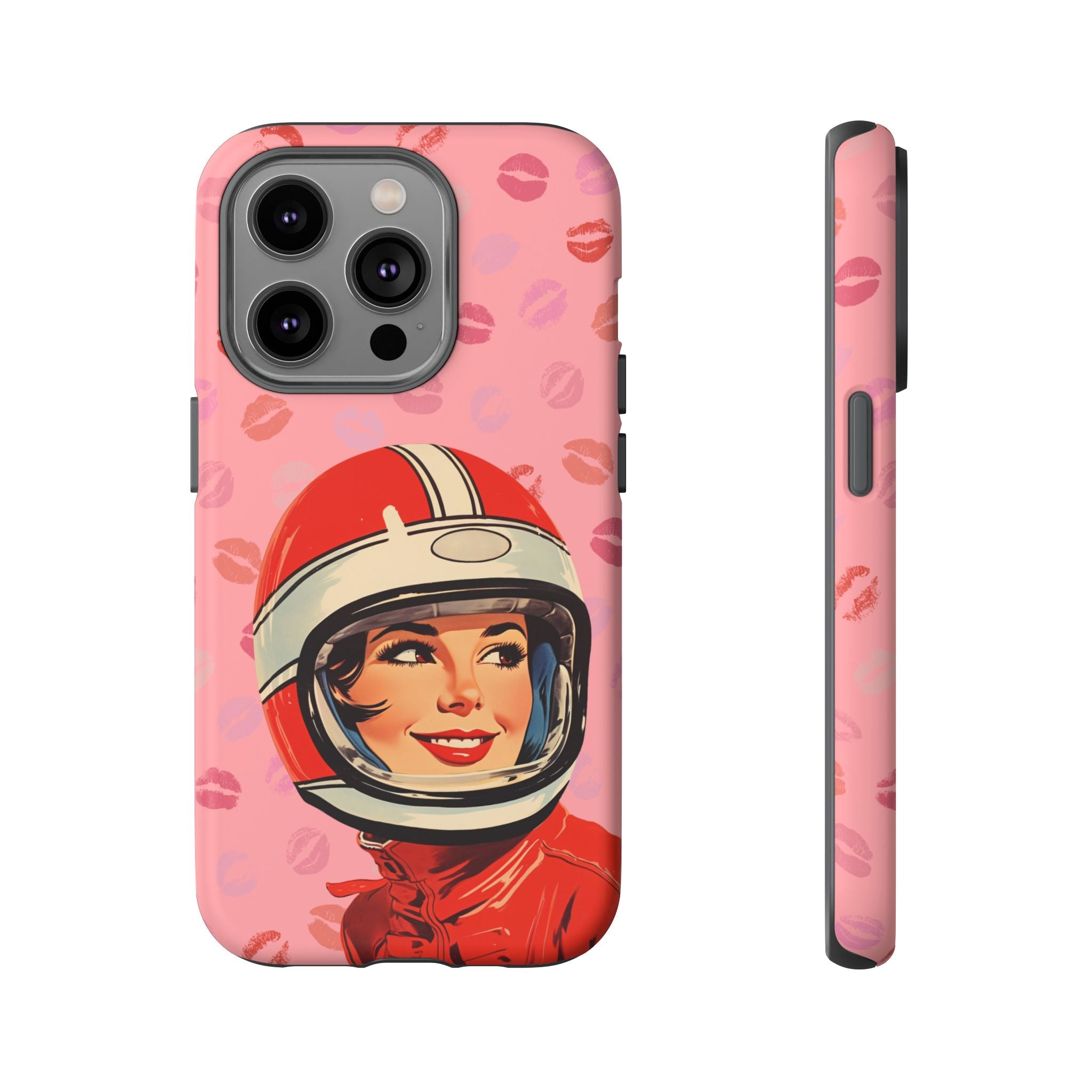 Retro Racer Kiss iPhone Case | Vintage Helmet Girl on Pink with Lipstick Kiss Pattern