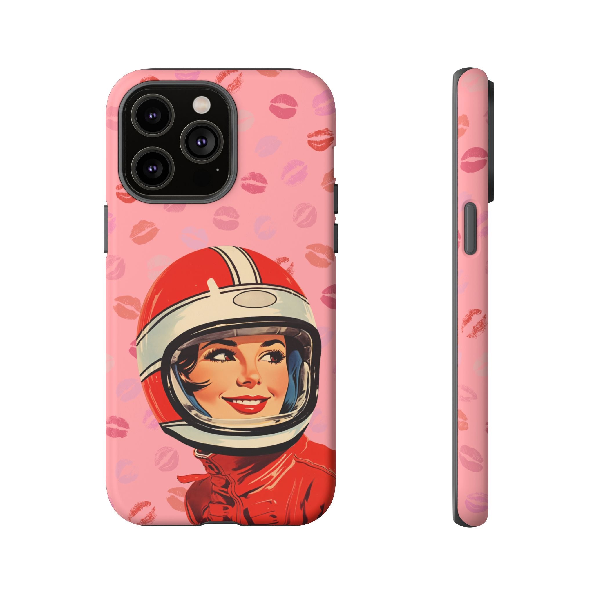 Retro Racer Kiss iPhone Case | Vintage Helmet Girl on Pink with Lipstick Kiss Pattern