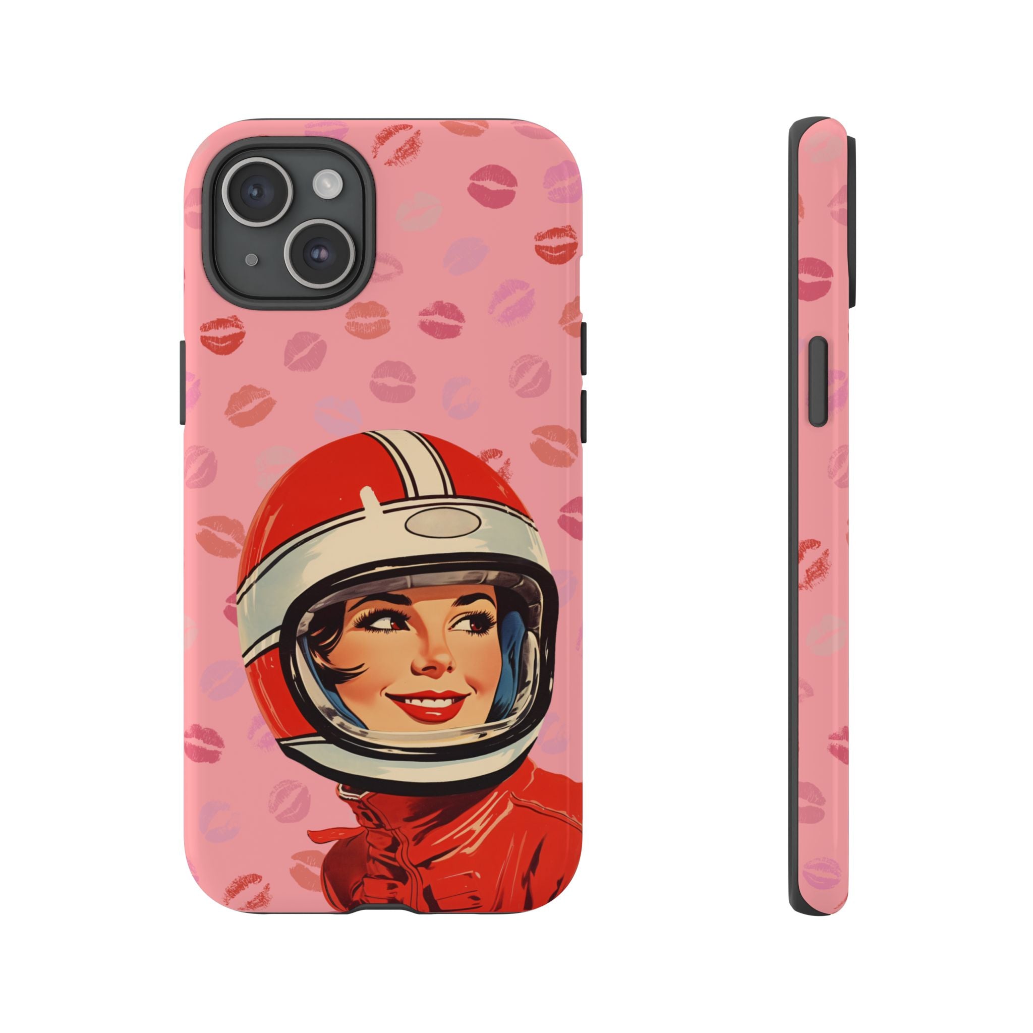Retro Racer Kiss iPhone Case | Vintage Helmet Girl on Pink with Lipstick Kiss Pattern