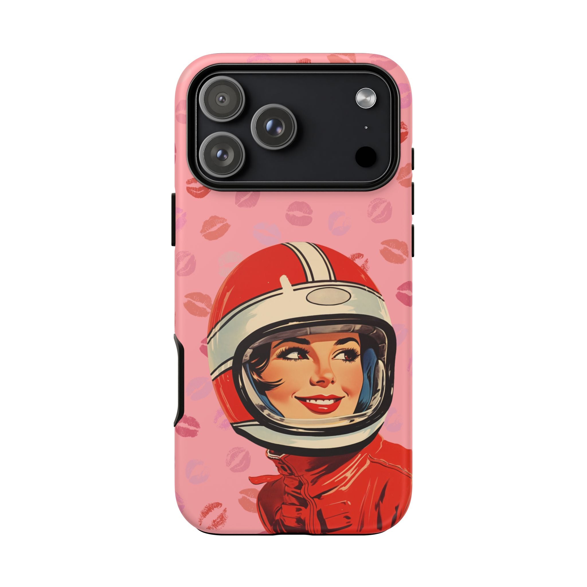 Retro Racer Kiss iPhone Case | Vintage Helmet Girl on Pink with Lipstick Kiss Pattern