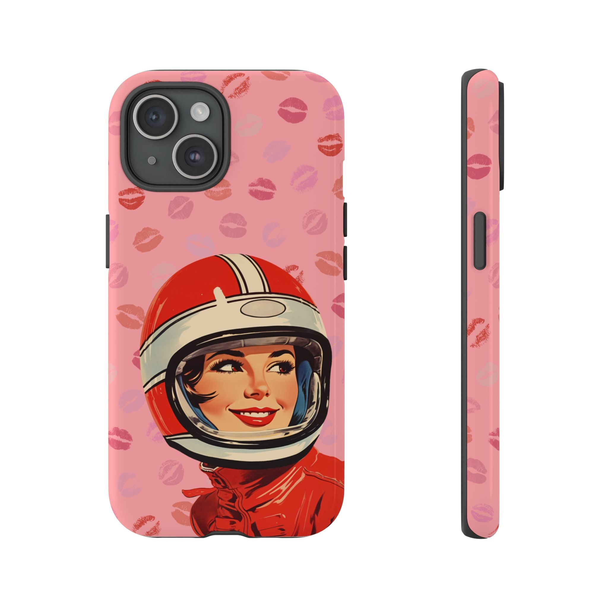 Retro Racer Kiss iPhone Case | Vintage Helmet Girl on Pink with Lipstick Kiss Pattern