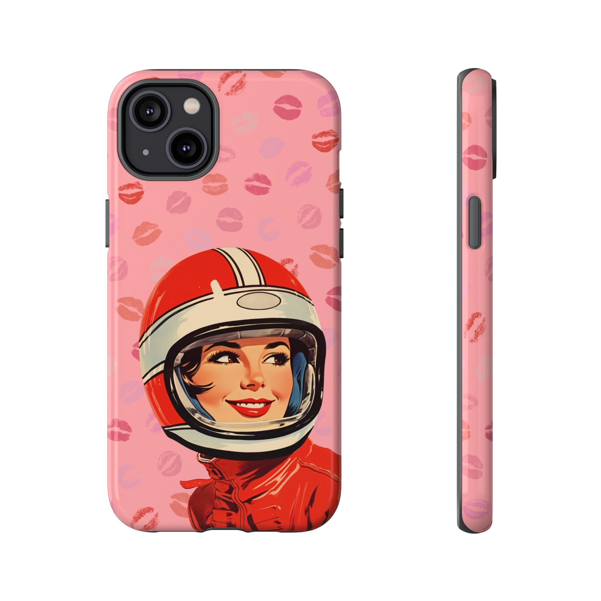 Retro Racer Kiss iPhone Case | Vintage Helmet Girl on Pink with Lipstick Kiss Pattern