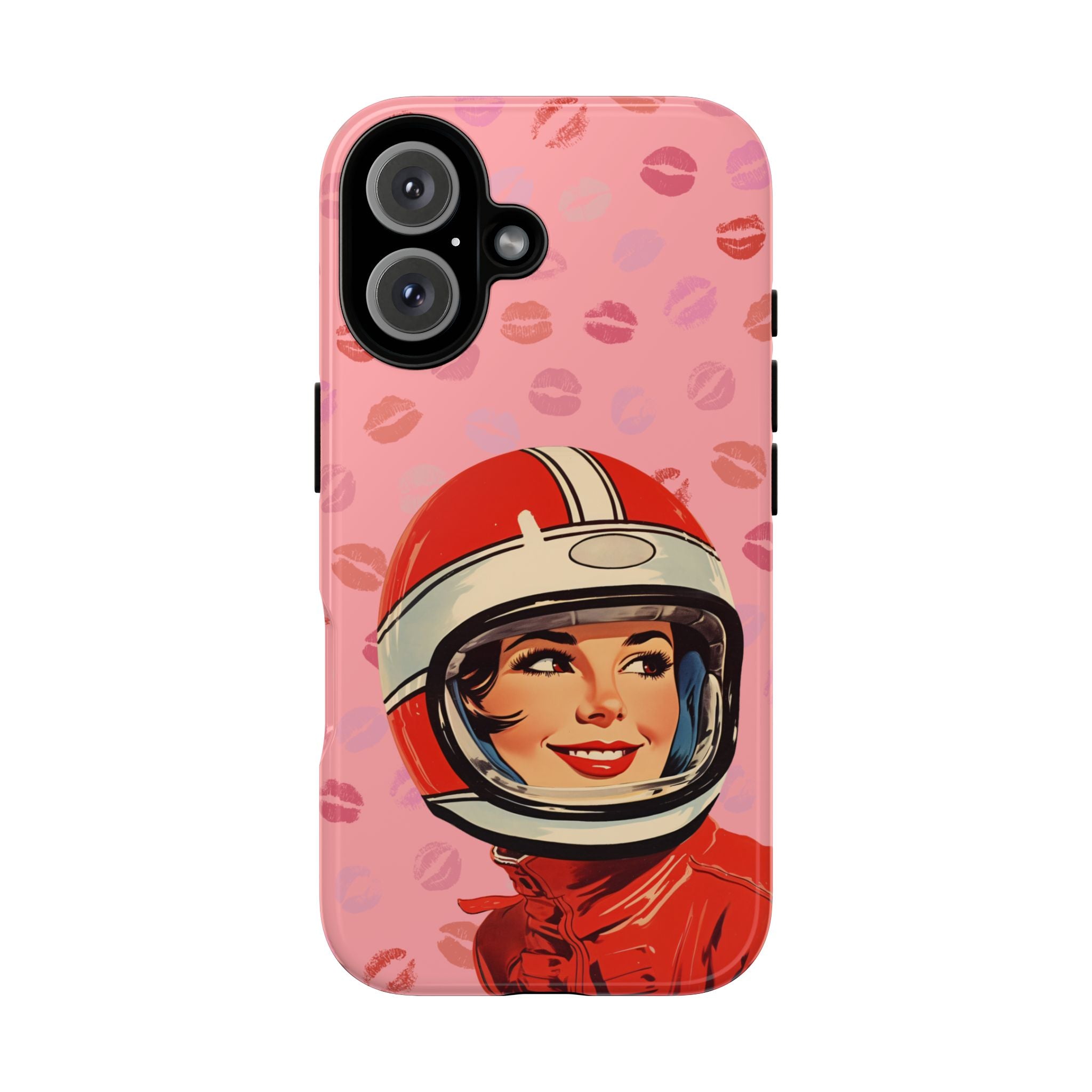 Retro Racer Kiss iPhone Case | Vintage Helmet Girl on Pink with Lipstick Kiss Pattern