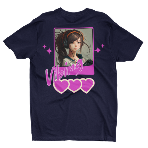 "Vibing"  Anime Girl Tee Retro Pink Heart Graphic Shirt