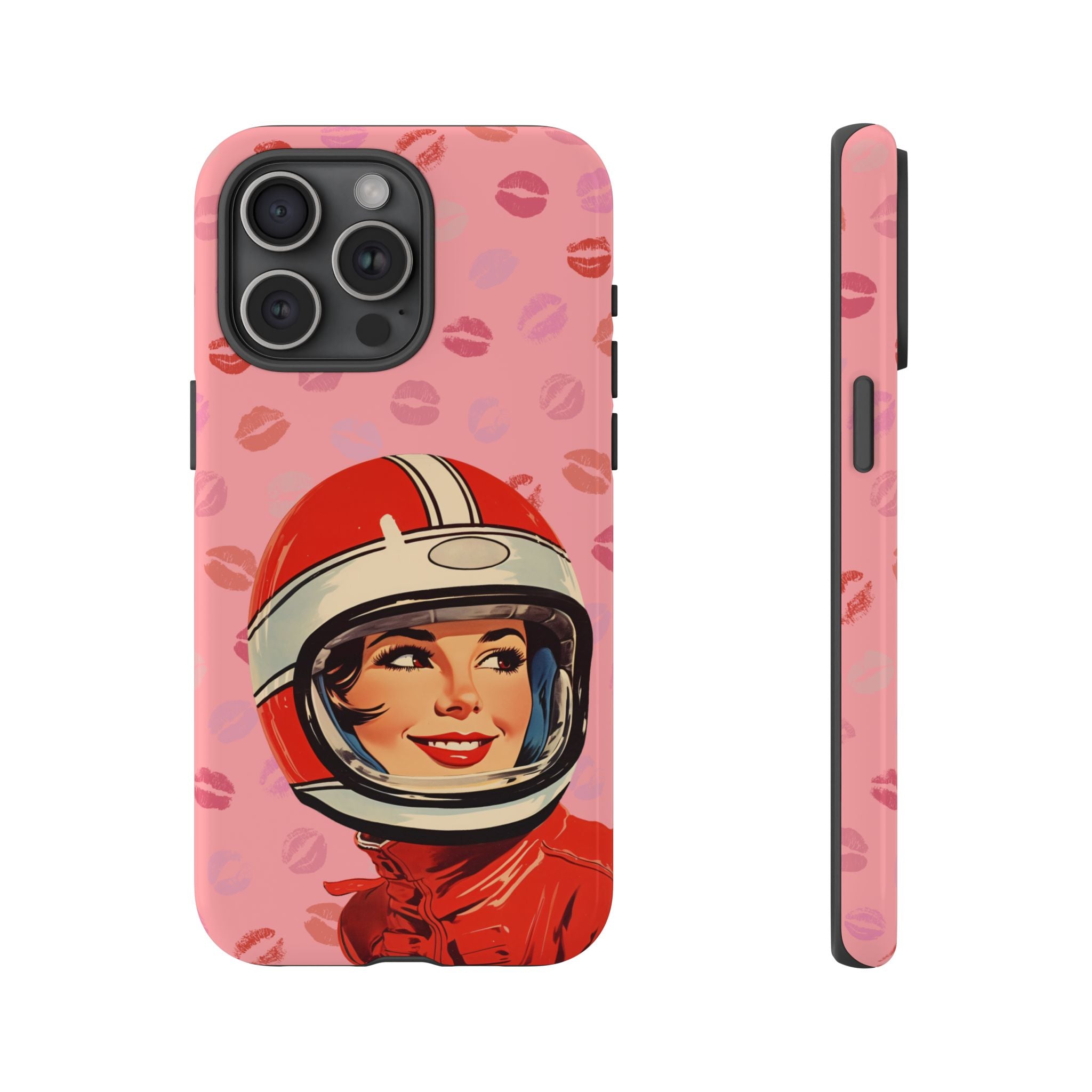 Retro Racer Kiss iPhone Case | Vintage Helmet Girl on Pink with Lipstick Kiss Pattern