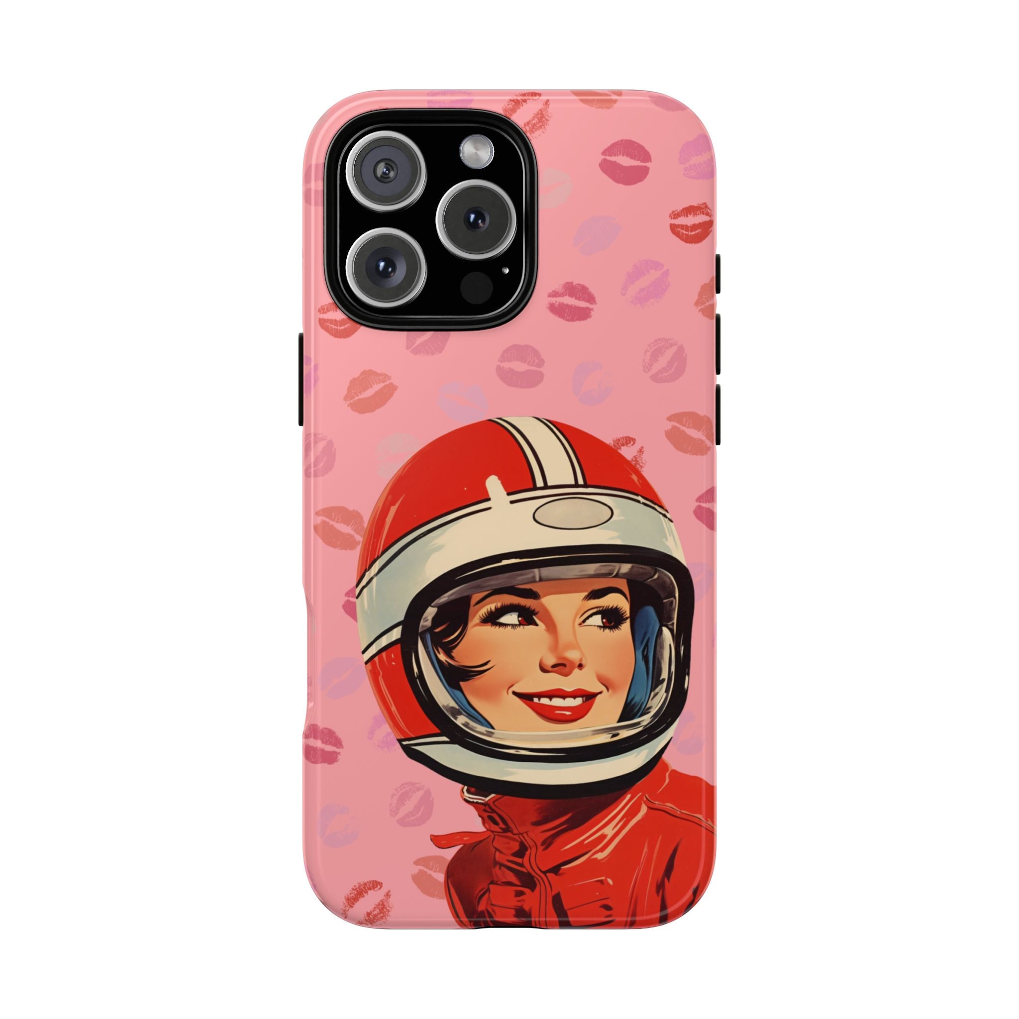 Retro Racer Kiss iPhone Case | Vintage Helmet Girl on Pink with Lipstick Kiss Pattern