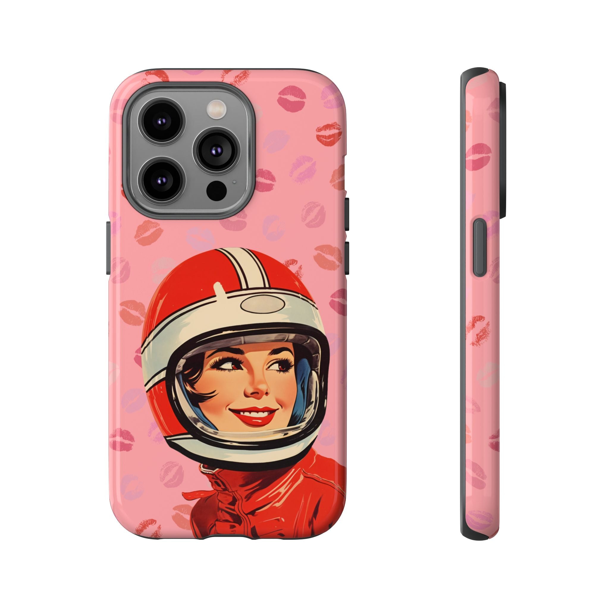 Retro Racer Kiss iPhone Case | Vintage Helmet Girl on Pink with Lipstick Kiss Pattern