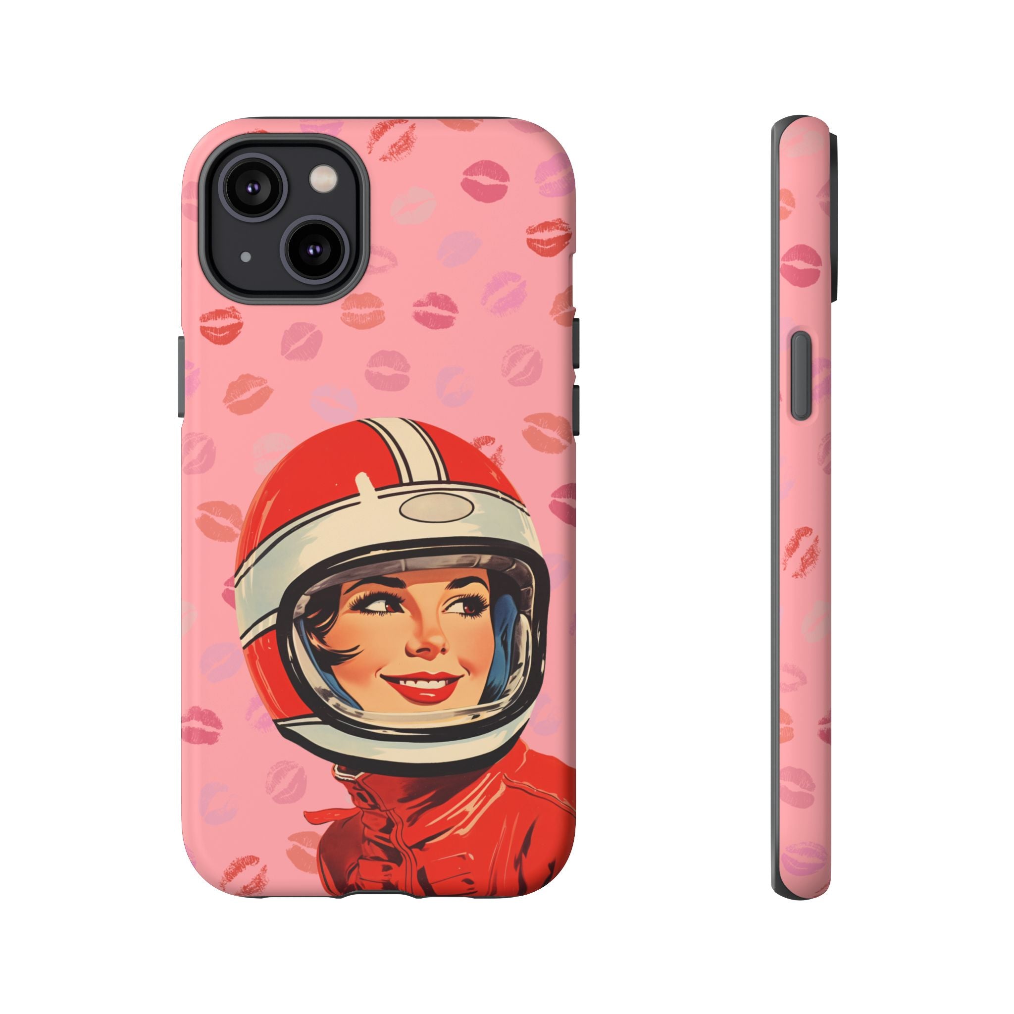 Retro Racer Kiss iPhone Case | Vintage Helmet Girl on Pink with Lipstick Kiss Pattern
