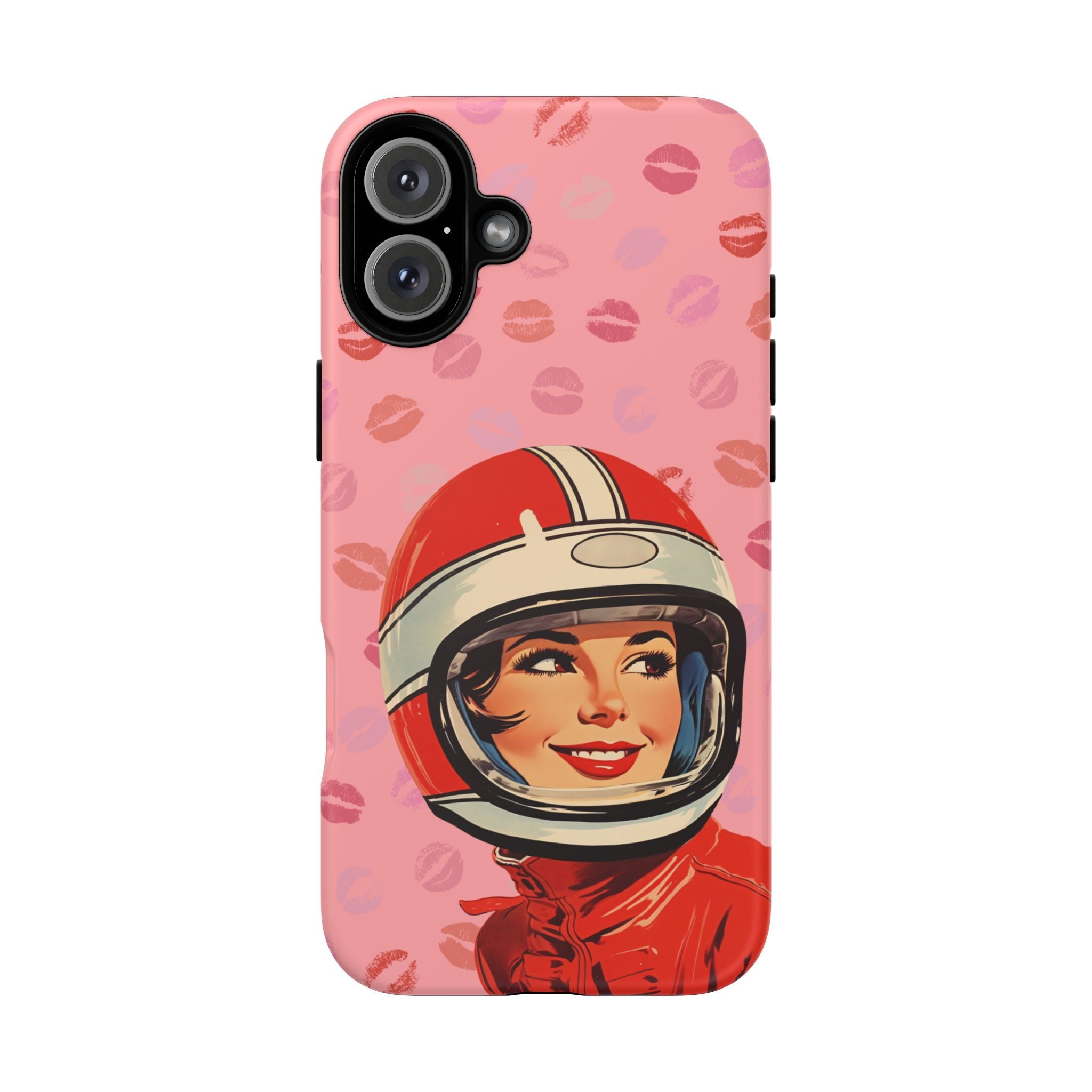Retro Racer Kiss iPhone Case | Vintage Helmet Girl on Pink with Lipstick Kiss Pattern