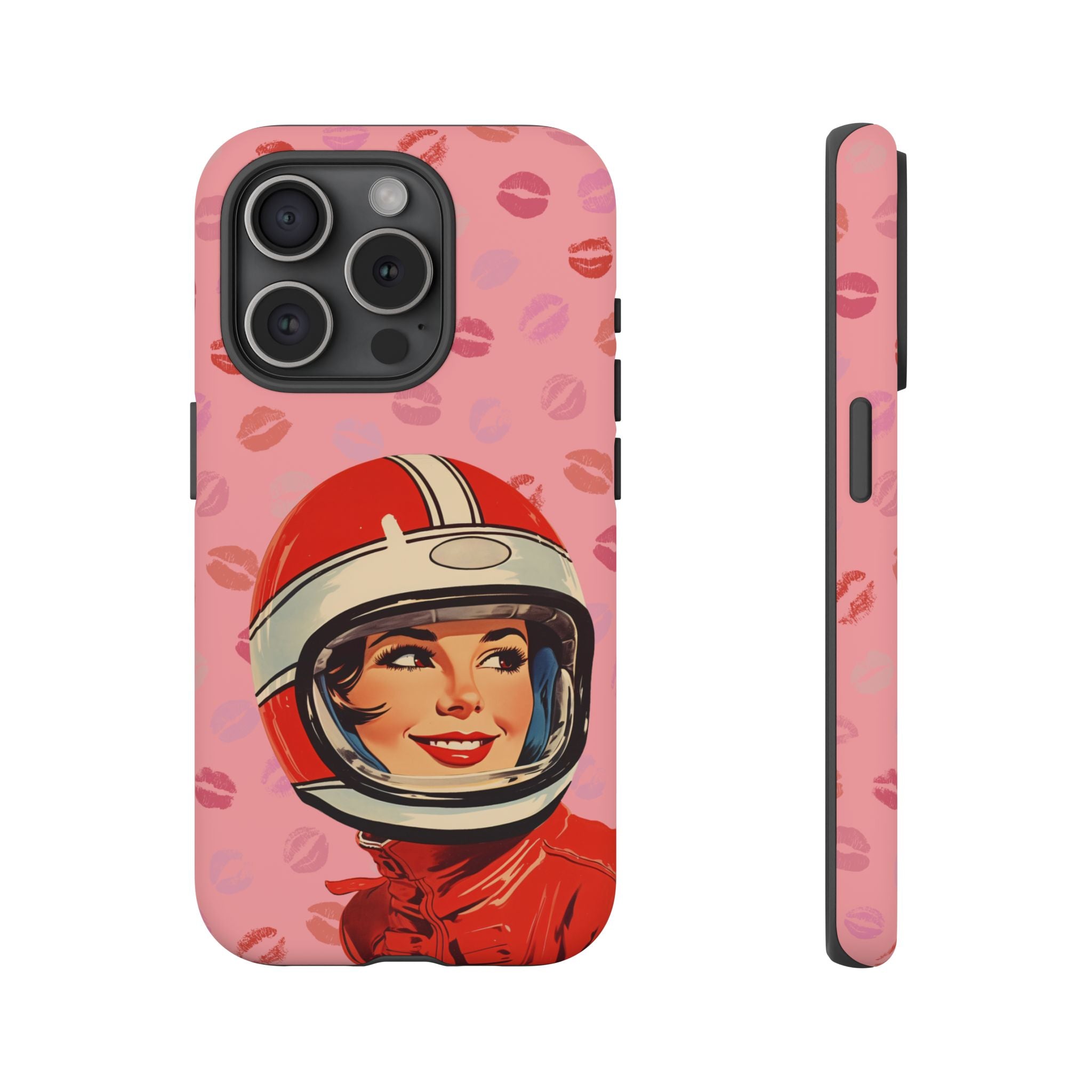 Retro Racer Kiss iPhone Case | Vintage Helmet Girl on Pink with Lipstick Kiss Pattern