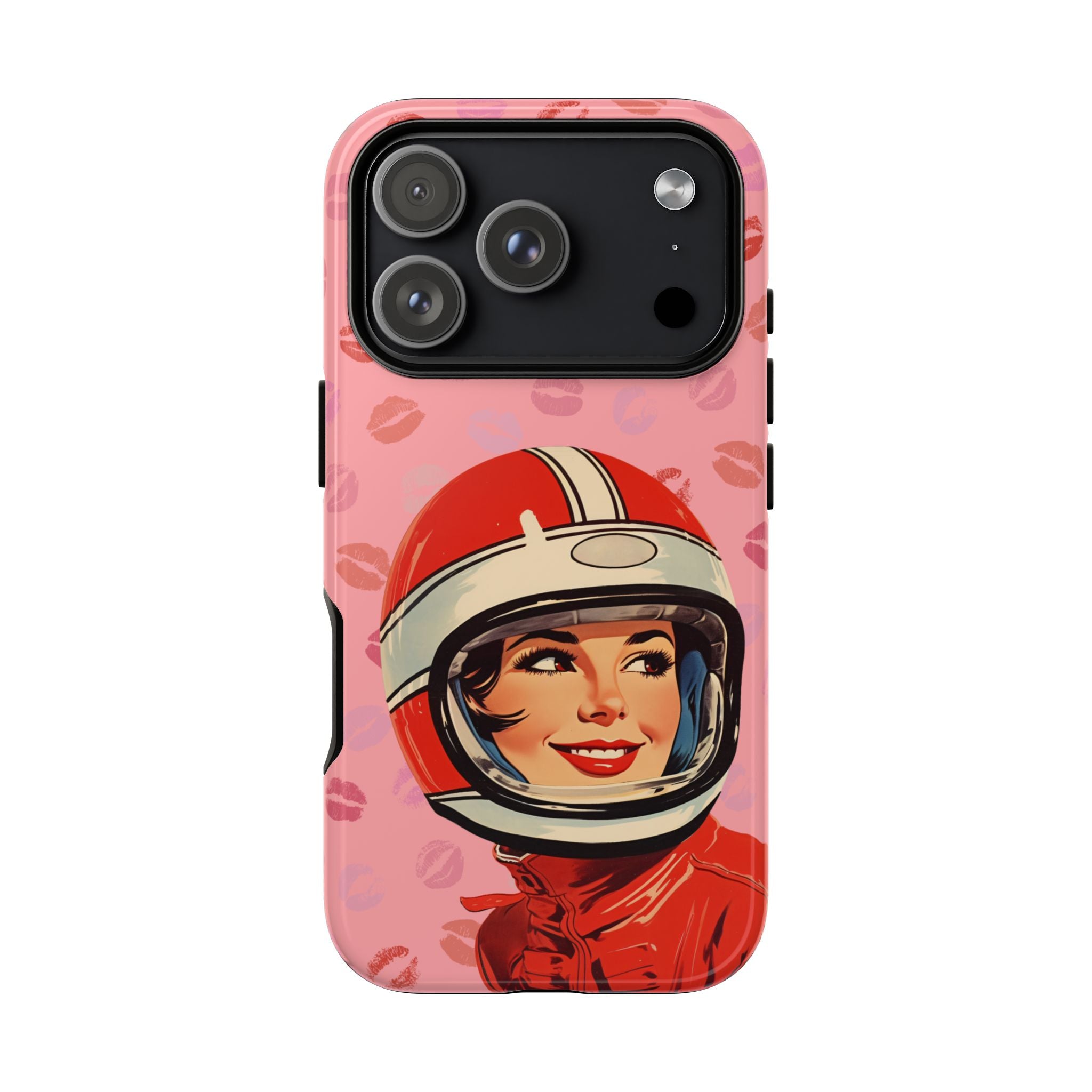 Retro Racer Kiss iPhone Case | Vintage Helmet Girl on Pink with Lipstick Kiss Pattern