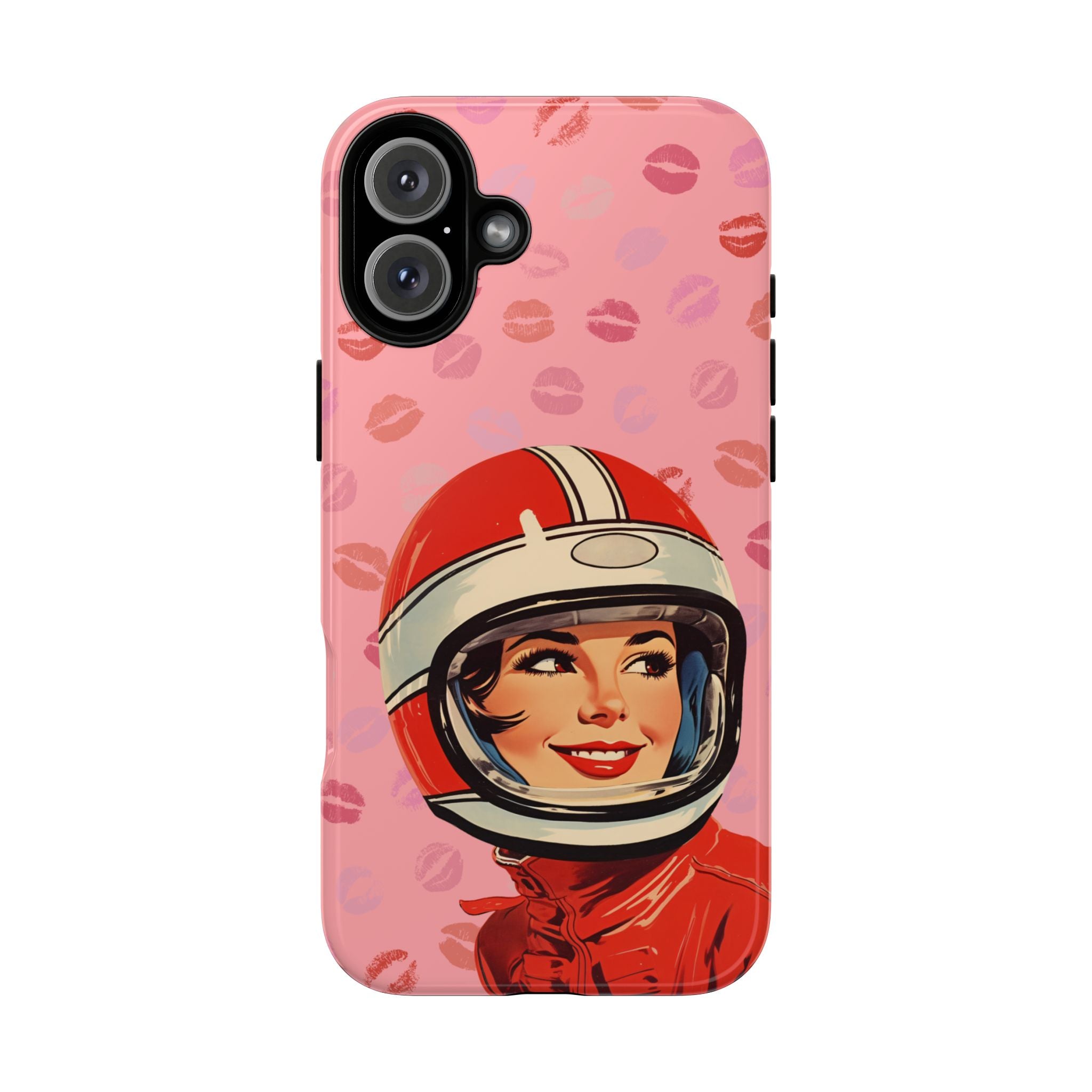 Retro Racer Kiss iPhone Case | Vintage Helmet Girl on Pink with Lipstick Kiss Pattern