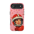 Retro Racer Kiss iPhone Case | Vintage Helmet Girl on Pink with Lipstick Kiss Pattern