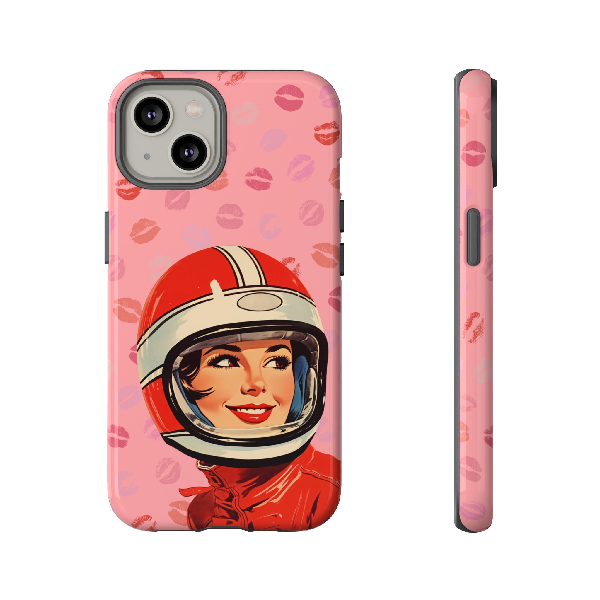 Retro Racer Kiss iPhone Case | Vintage Helmet Girl on Pink with Lipstick Kiss Pattern