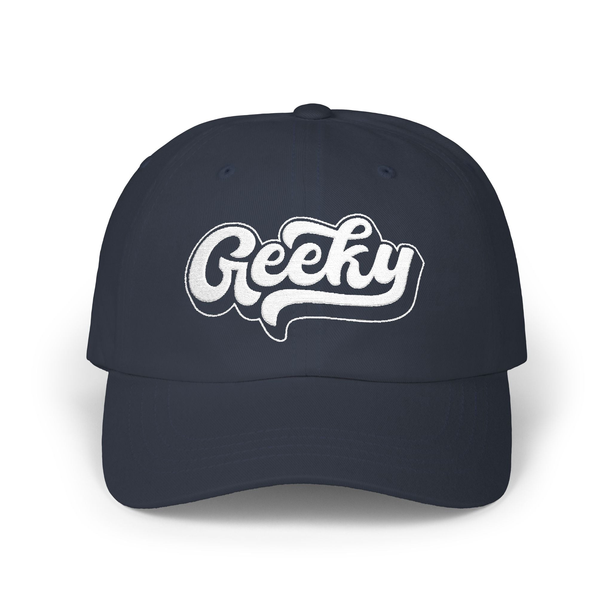 "Geeky" Embroidered Baseball Cap | White Thread Dad Cap