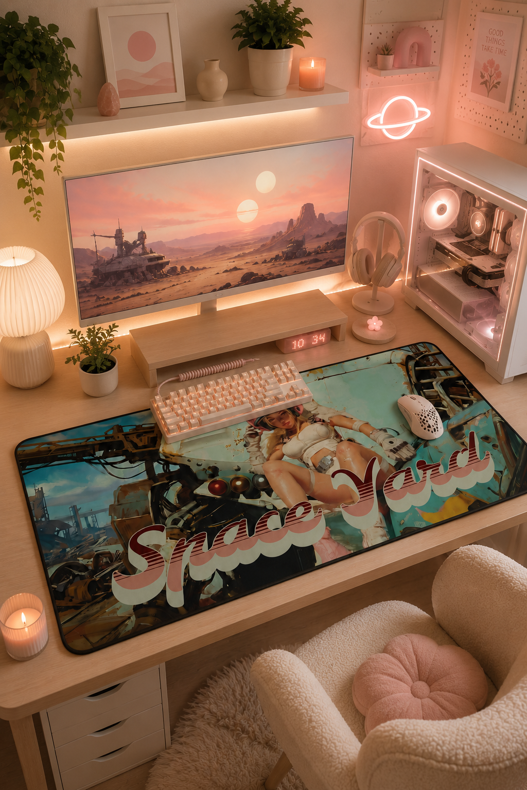 Minimalist feminine gaming setup featuring a retro sci-fi ‘Space Yard’ XL gaming desk mat with astronaut girl artwork on a clean cream and blush pink desk. Cozy gamer girl room décor includes a white RGB gaming PC, pastel mechanical keyboard, widescreen monitor with desert sunset wallpaper, soft ambient lighting, plants, and modern aesthetic accessories