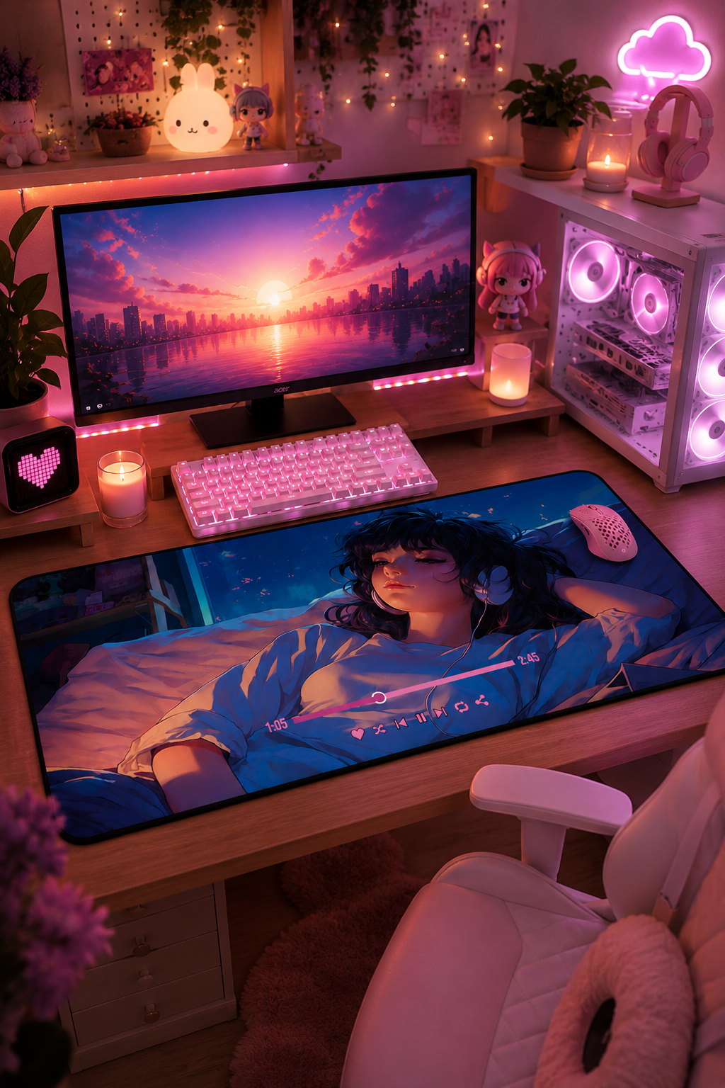 Gaming setup with a large mouse pad featuring an anime character, computer monitor, keyboard, and chair.